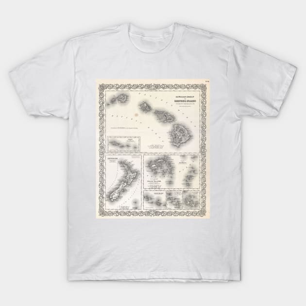 Vintage Map of Hawaii and New Zealand (1855) T-Shirt by Bravuramedia